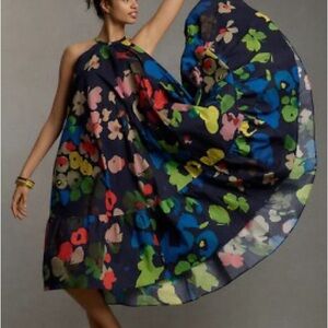 Anthropologie WHIT TWO Colorful Floral Halter Midi Dress Flowy Pockets Navy SP